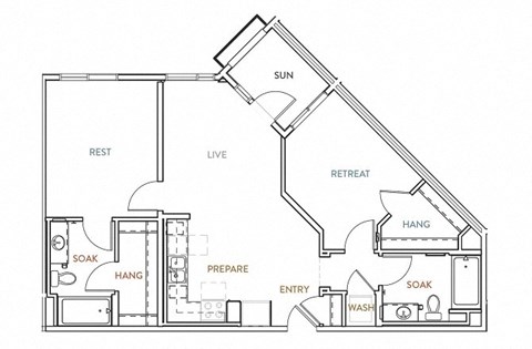 Floor plan for 2 beds, 2 baths, 1017 sqft